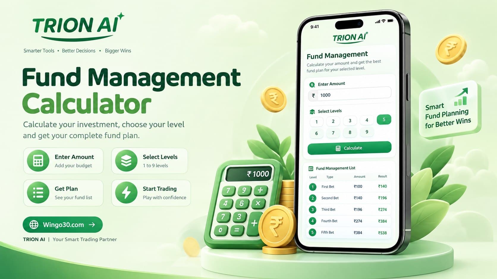 TRION AI Fund Management Calculator | Wingo30 TRION AI Fund Management Calculator for Wingo30 with fund planning levels
